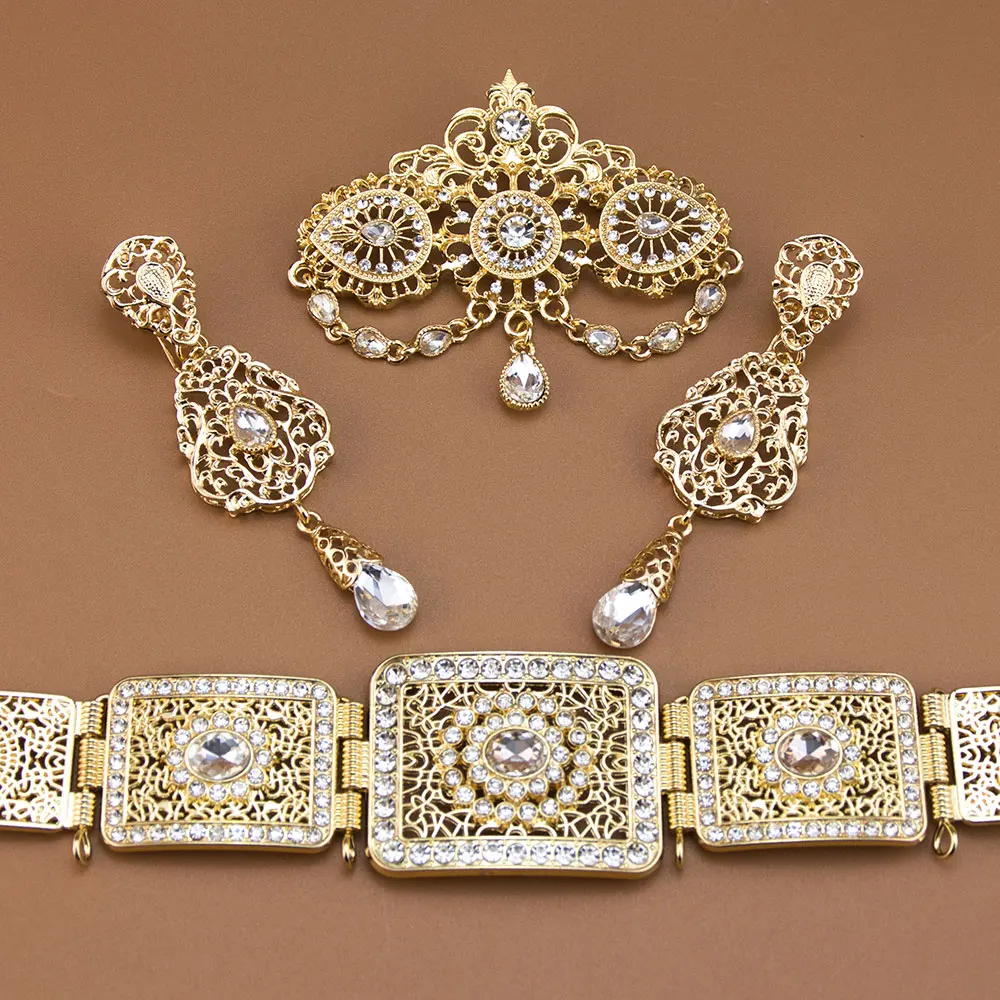 Elegante feminino cinto de casamento brinco broche marrocos conjuntos de jóias de noiva cristal árabe robe bijoux comprimento ajustável
