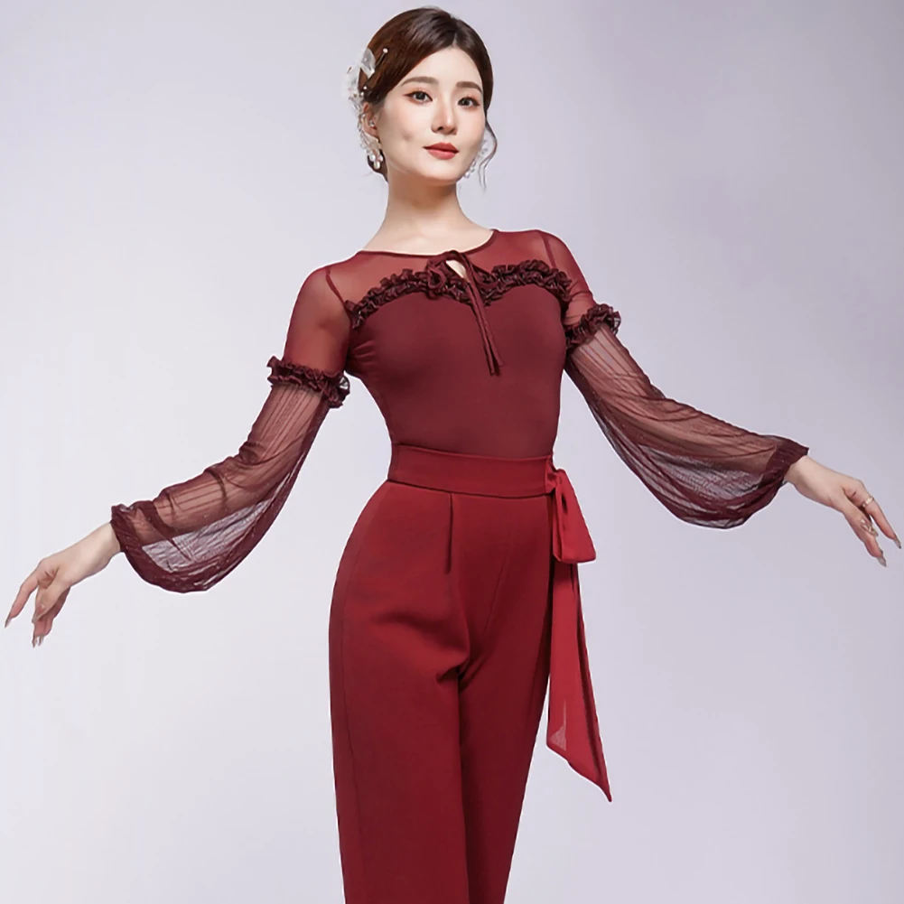 Vêtements de danse modernes pour femmes, haut violet, danse de salle de bal, chemise rétro rouge, manches lanternes noires, Jumbo, nouvelle collection