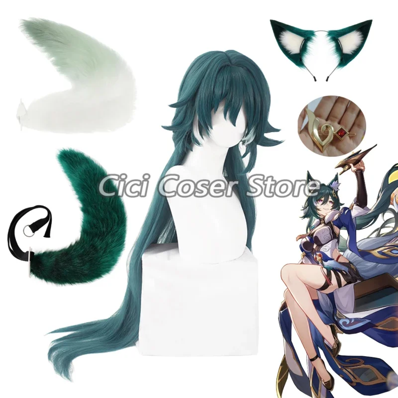 Honkai: Star Rail Yukong Cosplay Wig Tail Ears Yu Kong Headwear Synthetic Dark Green Hair Halloween Party Role Play Accessories