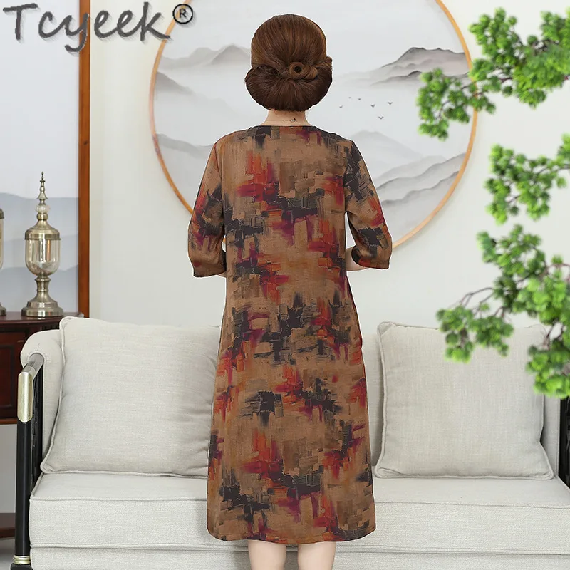 Tcyeek 100% Mulberry Silk Womens Dresses Spring Summer Midi Dress Elegant Dresses for Women Clothes Loose Fit Vestido Feminino