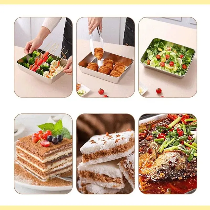 Stainless Steel Square Plate With Lid Rectangular Food Storage Pan Commercial Dish Tray Large Freshing Lunch Box Container