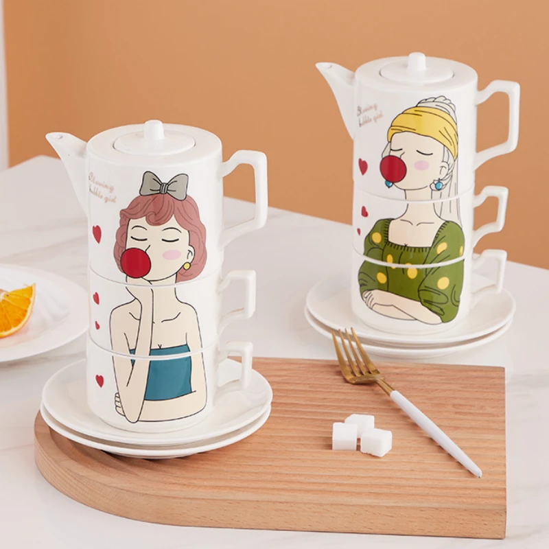 

Personalized Ceramic Girls Tea Mug and Pot Set Cute Porcelain Coffee Cup with Saucer Creative Drinkware Xtmas Gift for Couple