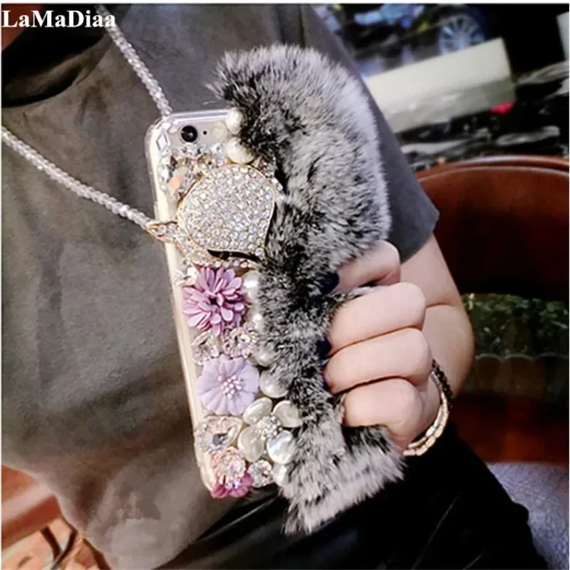 Luxury Diamond Warm Phone Case, Fluffy Soft Rabbit Fur Hair Bling Phone Cover, for Samsung S24, S21, S22, S23 Ultra, Note20