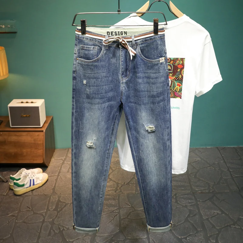 2024 Spring and Summer Retro Blue Ripped Jeans Men's Fashionable High-End Fashion Brand Casual Slim Thin Stretch Trousers