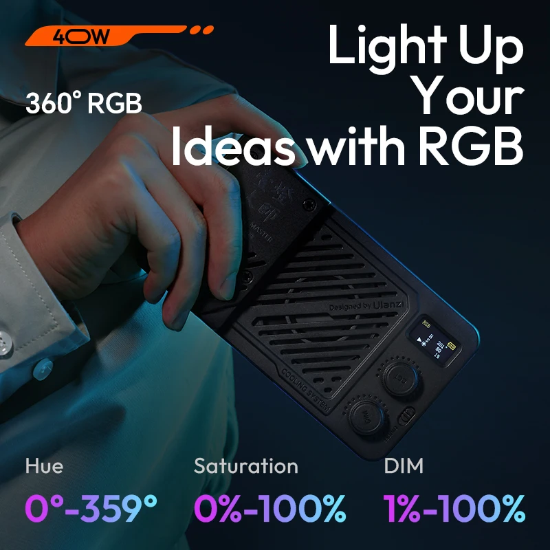 울란지 P40 RGB / P40 Bi 40W 비디오 라이트 휴대용 조명 촬영용 라이브 브이로그용 냉각 팬 포함
