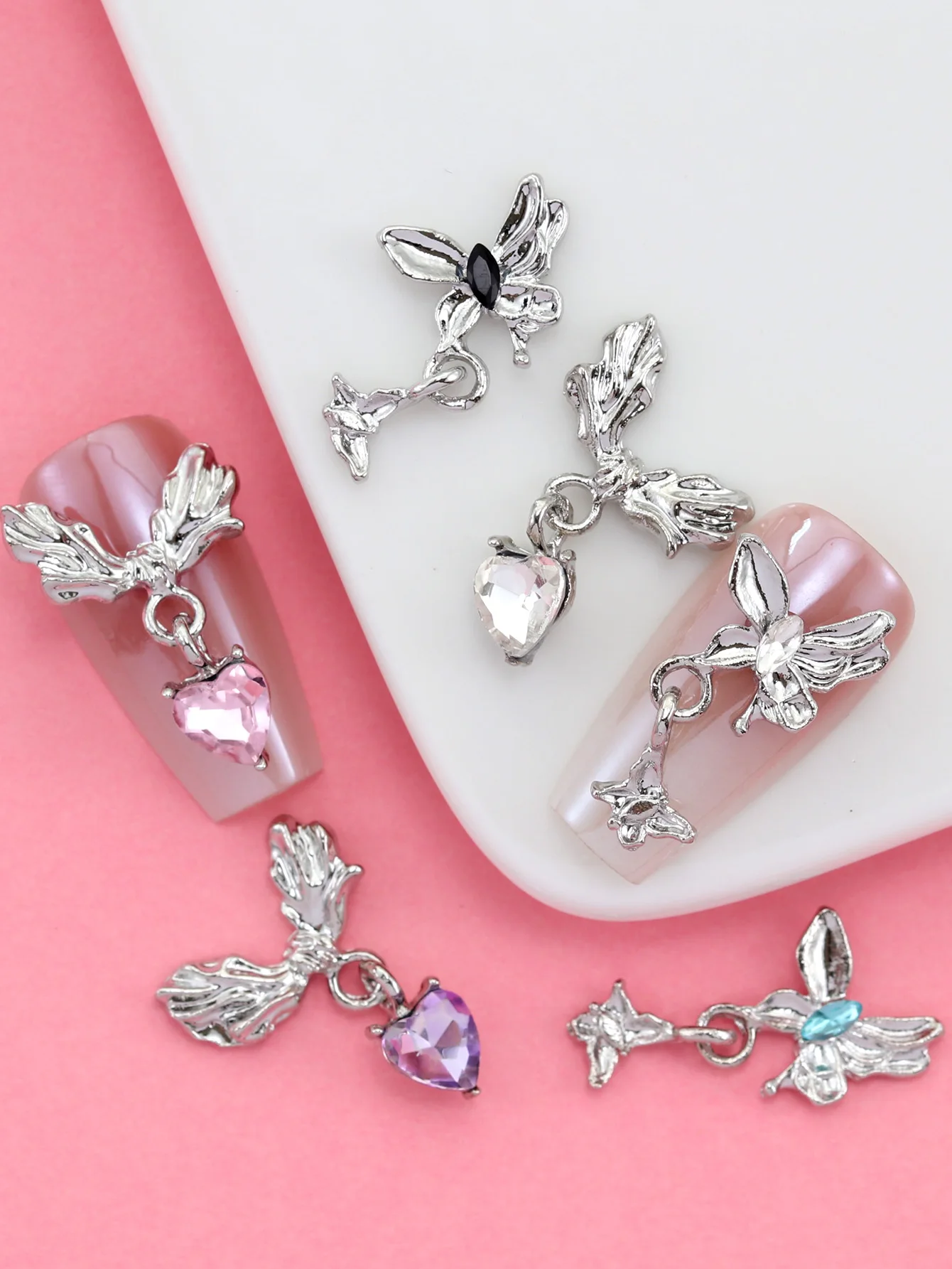 10pcs Nail Art Nail Charm Nail Accessories Exquisite Butterfly Pendant, Wings Heart Pendant Shining Nail Gem DIY Nail Salon