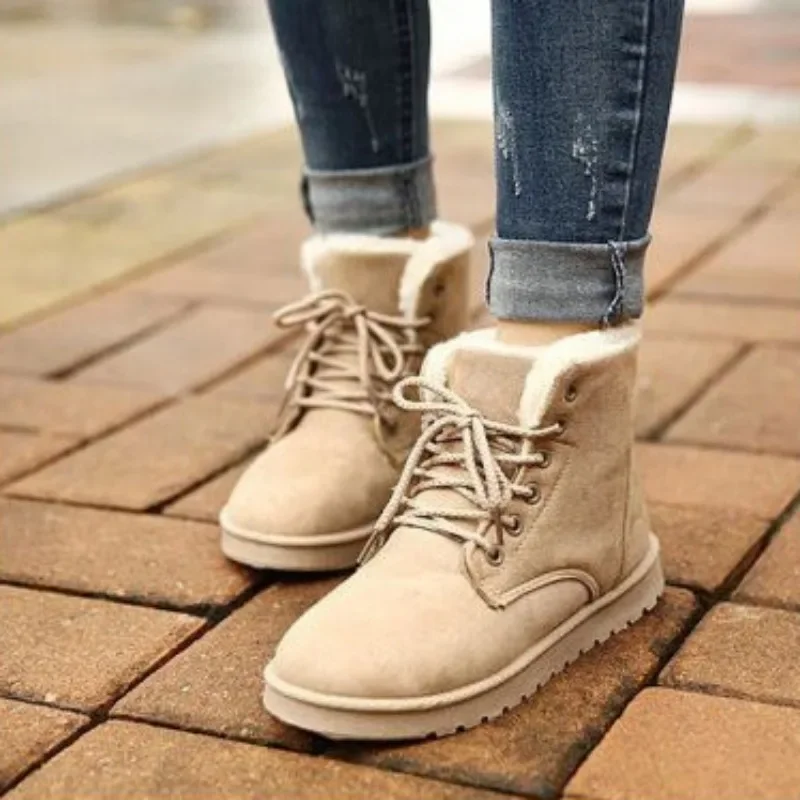 Winter New Flat Snow Boots Women's Round Head Suede Front Strap Thick Sole Anti-slip Wear-resistant Short Boots