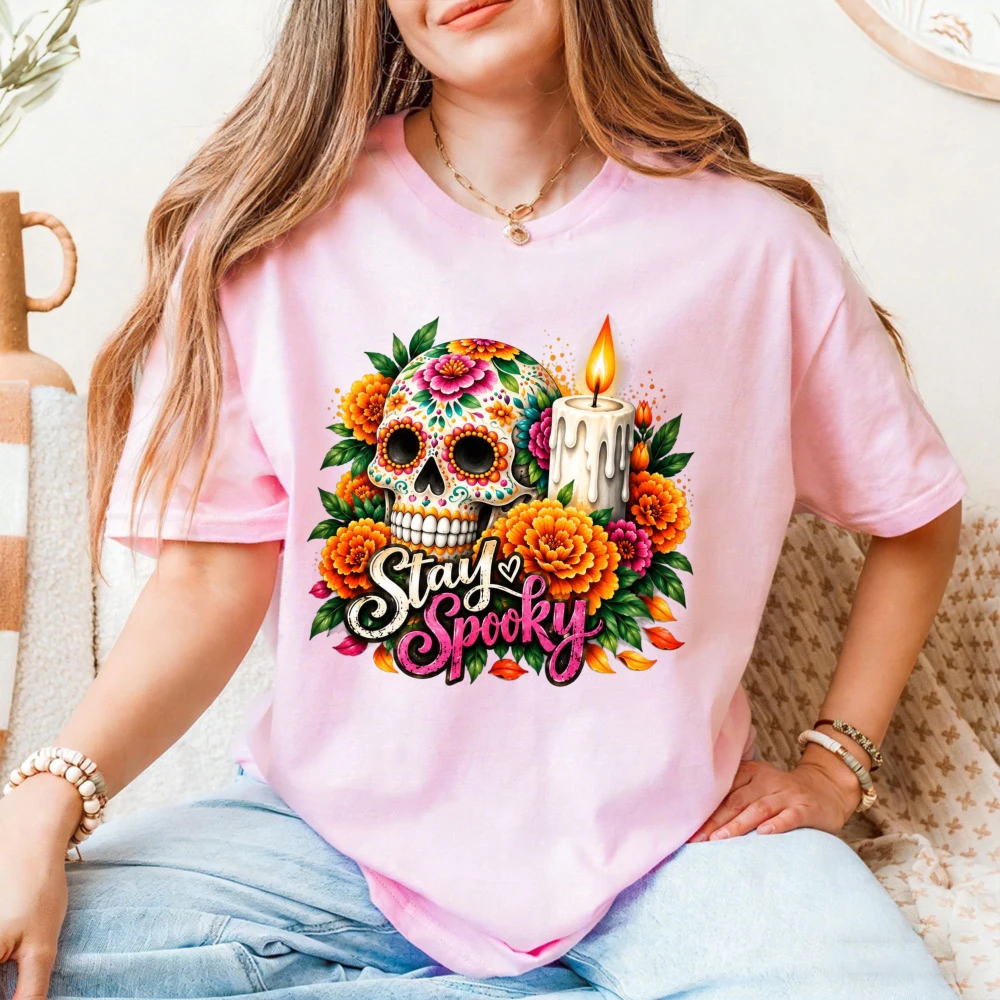 Stay Spooky Shirt Sugar Skull Day of the Dead Printing Tshirt Marigold Flowers Dia de los Muertos Tee Mexican Halloween Shirt