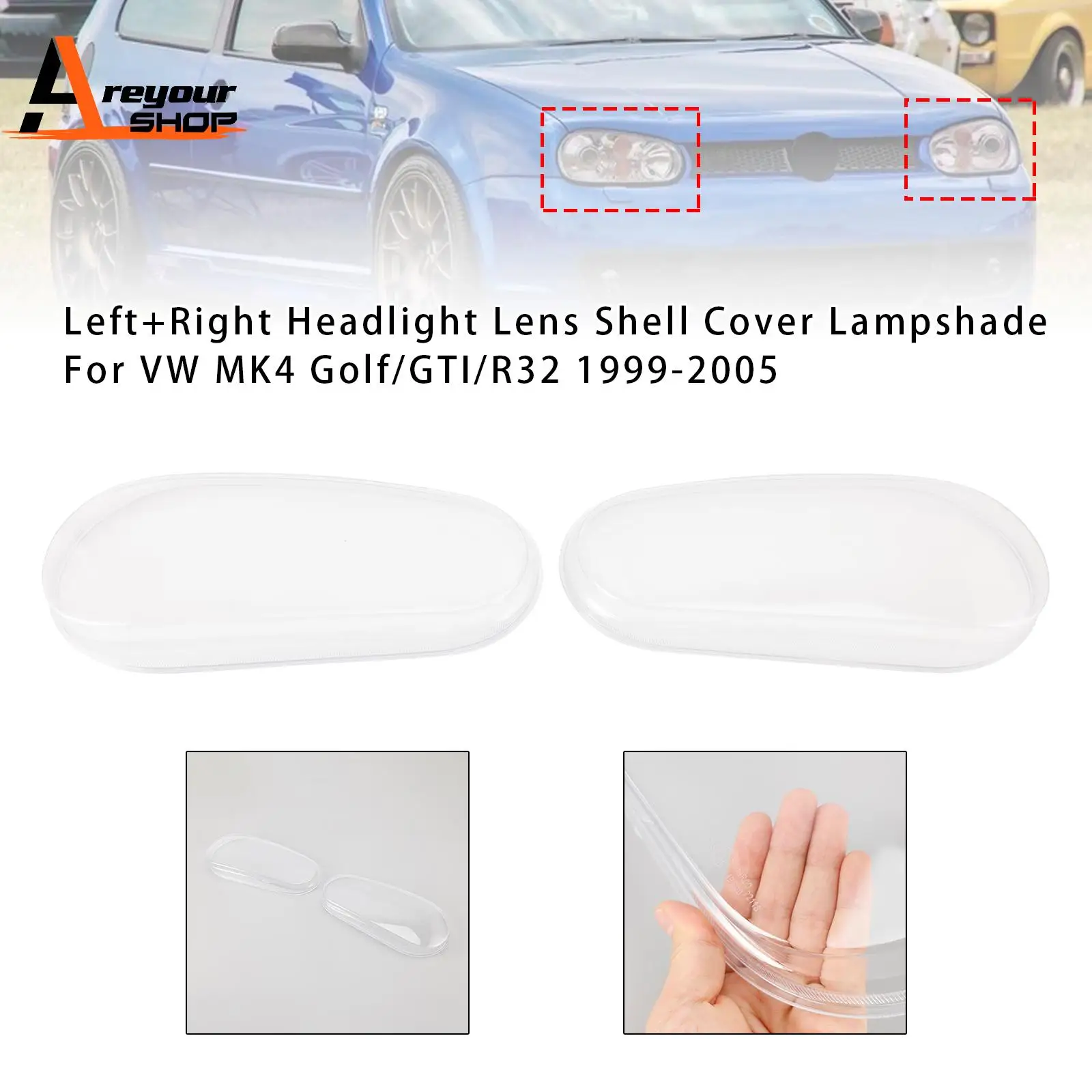 

Left+Right Headlight Lens Shell Cover Lampshade for VW MK4 Golf/GTI/R32 1999-2005