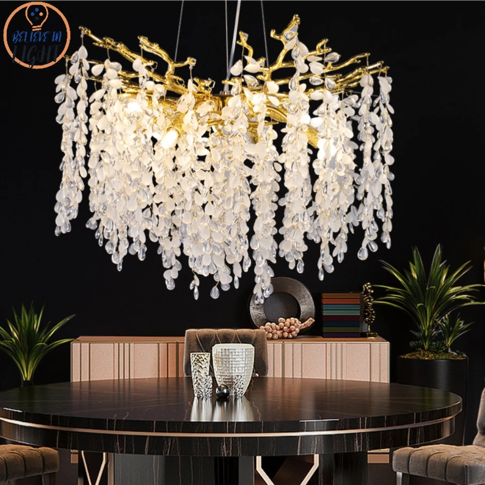 

Designer Grape Crystal Chandelier Silver Gold Hanging Light Luxury Villa Living Dining Room Lamp Tree Branch Chandeliers LED