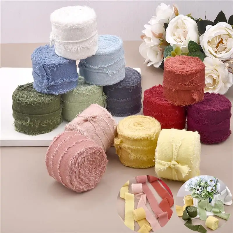 5 m handgefertigtes, ausgefranstes Satin-Baumwoll-Leinenband für Hochzeitseinladungen, Verpackungssträuße, Geburtstagsparty-Dekorationen, Geschenke