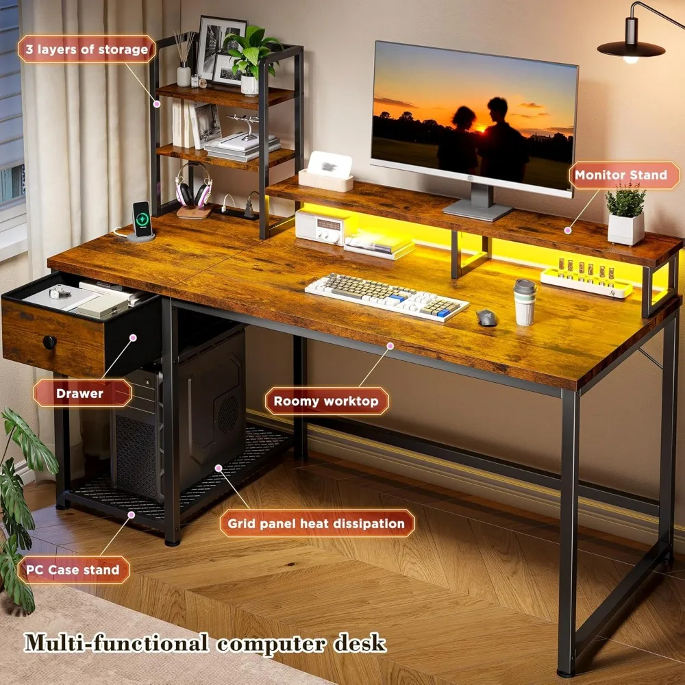 44 Reversible Gaming Desk with Hutch, Drawers, and USB Charging Port