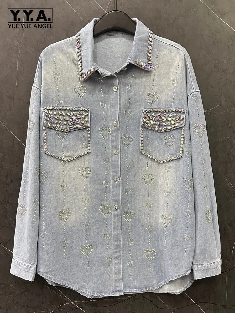 

Women Denim Shirt Autumn Long Sleeve Oversize Loose Fit Casual Shirts Rhinestone Single Breasted Vintage Medium Long Blouses