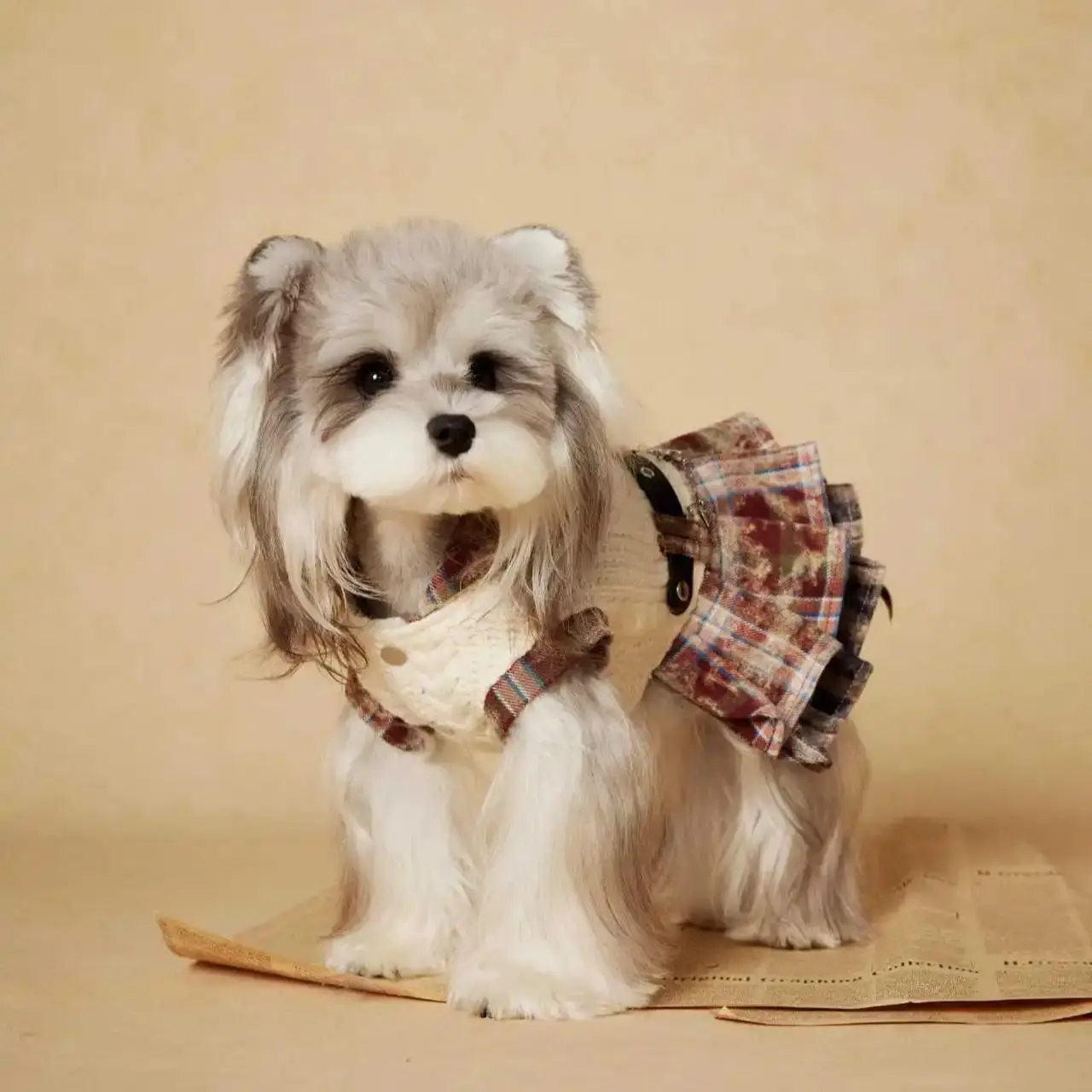 Winter Knitted Patchwork Red Plaid Sweet Dog Sweater Dress Maillard Plaid Design for Maltese  Teddy Bichon Dogs Knitted Coat