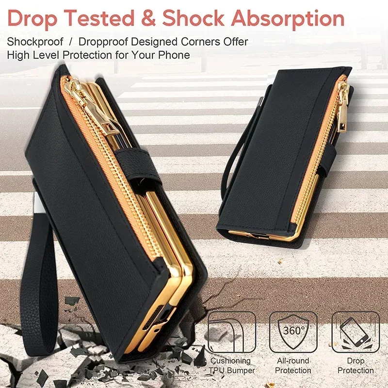 Wallet Leather Case For Samsung Galaxy Z Fold 5 4 3 2 6 ZFold5 ZFold4 With Pen Holder Card Slot Lanyard Zipper Wallets Flip Bag