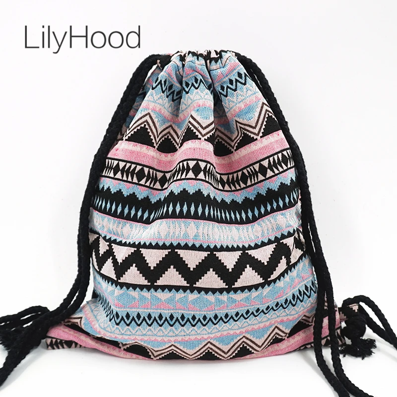 LilyHood Summer Teenager Cute Backpack Pastel Baby Pink Blue Boho Gypsy Bohemian Chic Hippie Tribal Drawstring Rucksack Bags