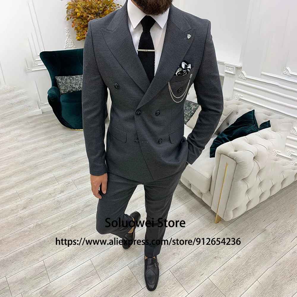 

Classic Double Breasted Suits For Mens 2 Piece Jacket Pants Set Groom Wedding Peaked Lapel Tuxedo Formal Business Costume Homme