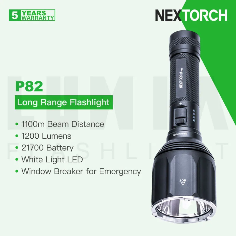 

NEXTORCH P82 1100m Long Beam Throw LED Tactical Flashlight, High Density White LED Emitter 1200 Lumen,21700 Battery Rechargeable