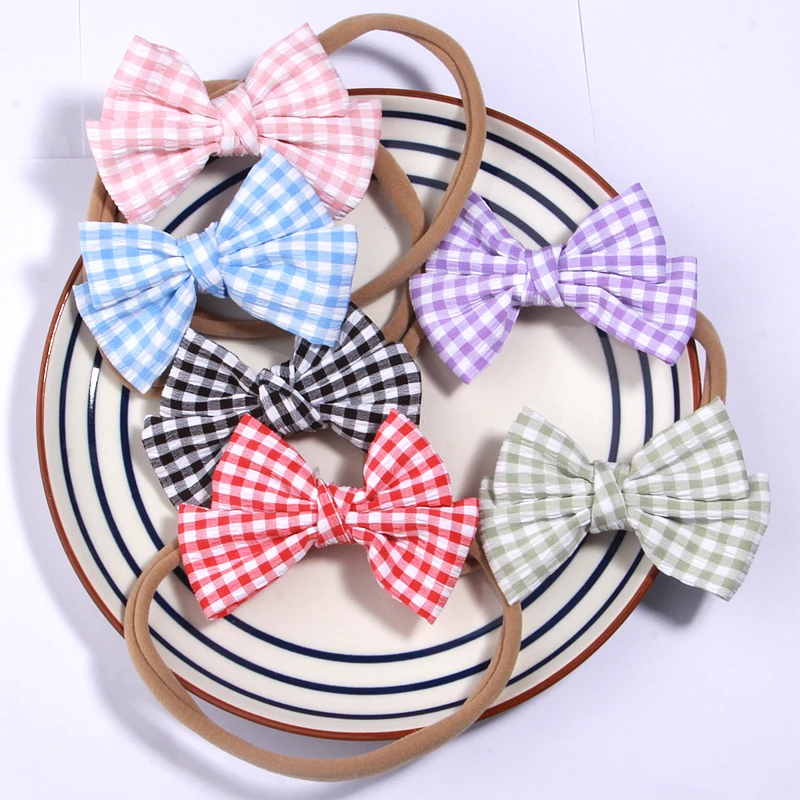 7Pcs 8.5cm Plaid Striped Hair Bows Headbands Accessories Headwear