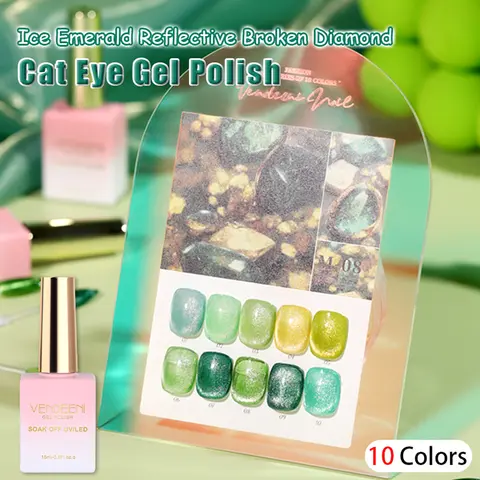 Vernis à ongles gel Vendeeni 10 couleurs vert pailleté effet diamant brisé œil de chat, gel UV magnétique à retirer par trempage, vernis gel effet œil de chat émeraude glacée