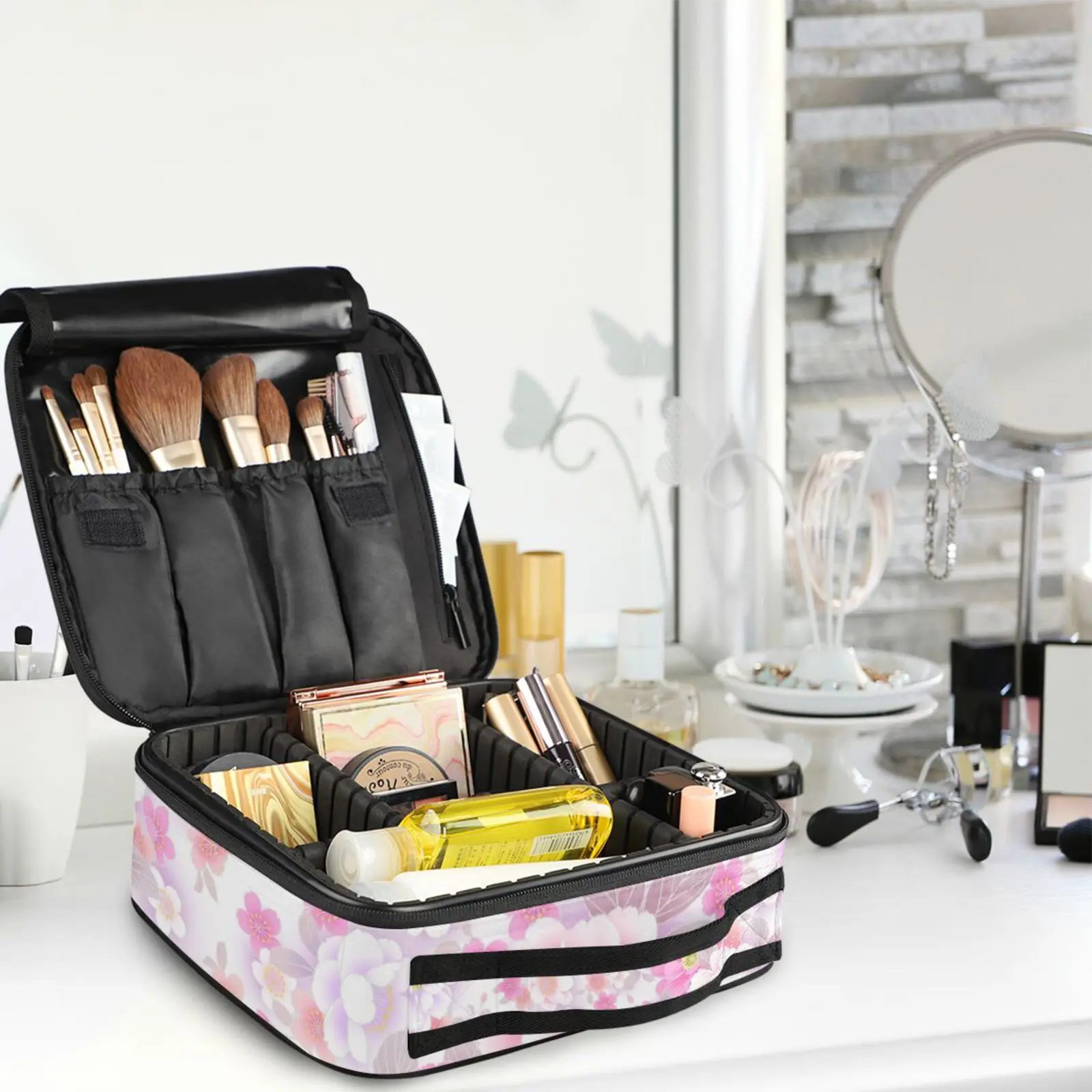 Makeup Bag Travel Cosmetic Bag Organizer Portable Artist Storage Bag with Adjustable Dividers Makeup Brushes Storage Organizer