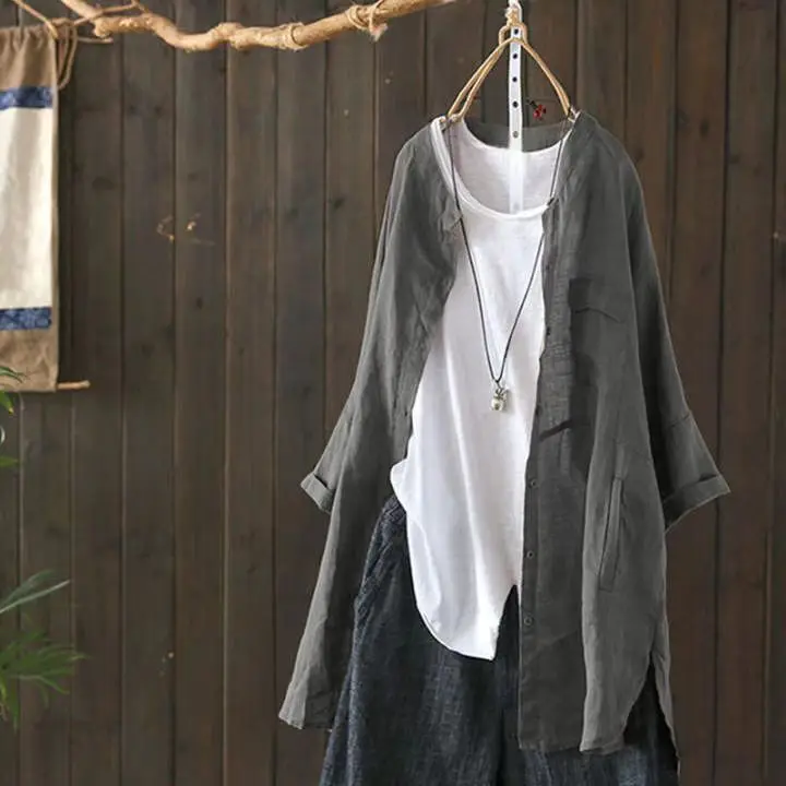 

2025 Summer New Mid Length Solid Color Round Neck Cotton Linen Long Sleeved Shirt Windbreaker