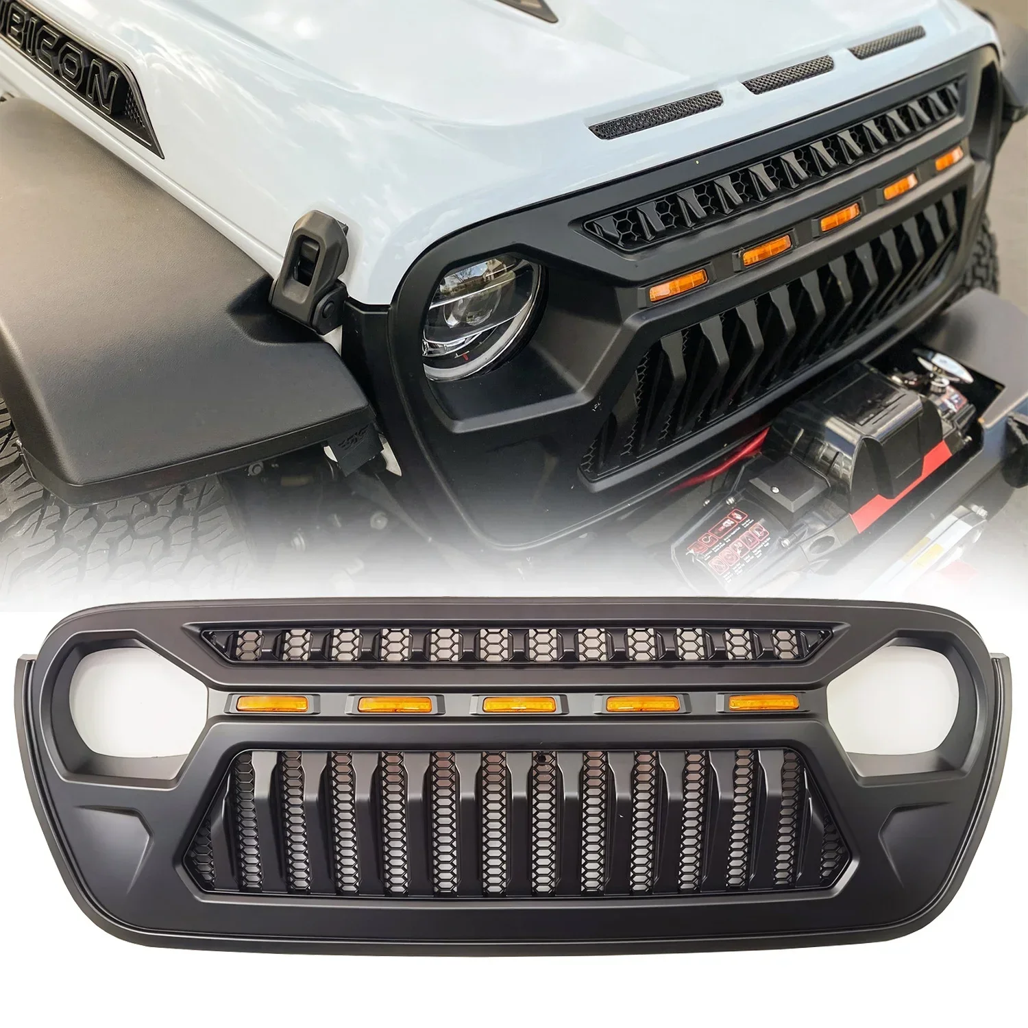 Front Grill Cover Matte Black with Amber LED Running Lights for 2018 and Up Jeep Wrangler JL JLU JT Gladiator Accessories