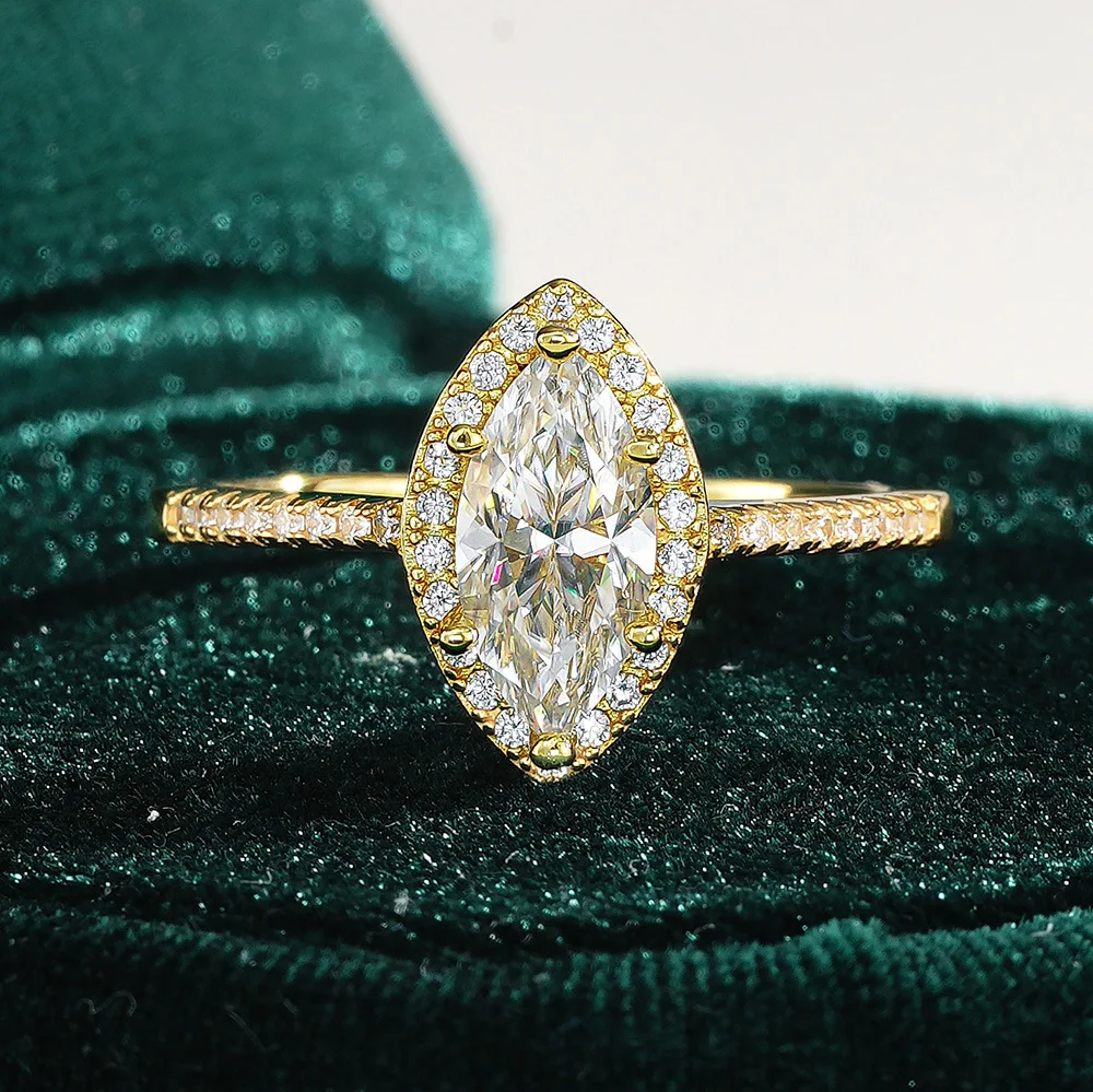 

S925 sterling silver electroplated with 18K gold ring for women, 1 carat moissanite marquise diamond ring, gift box