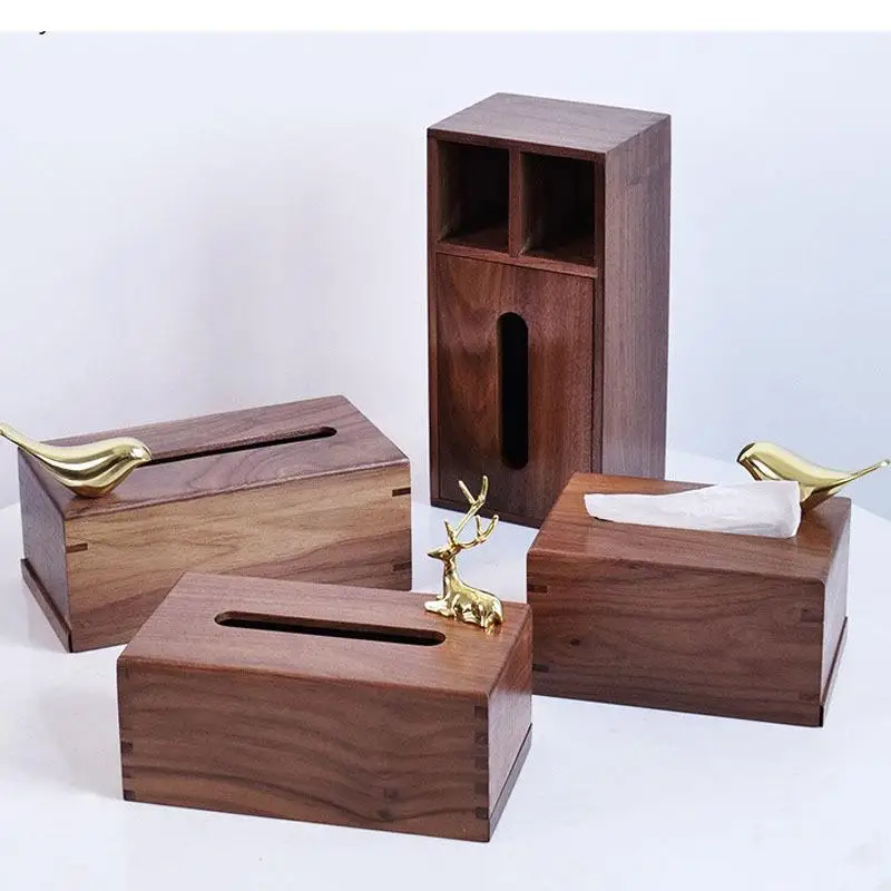 

Golden Bird Tissue Box Walnut Storage Decorative Magnetic Napkin Holder Home Living Room Desktop