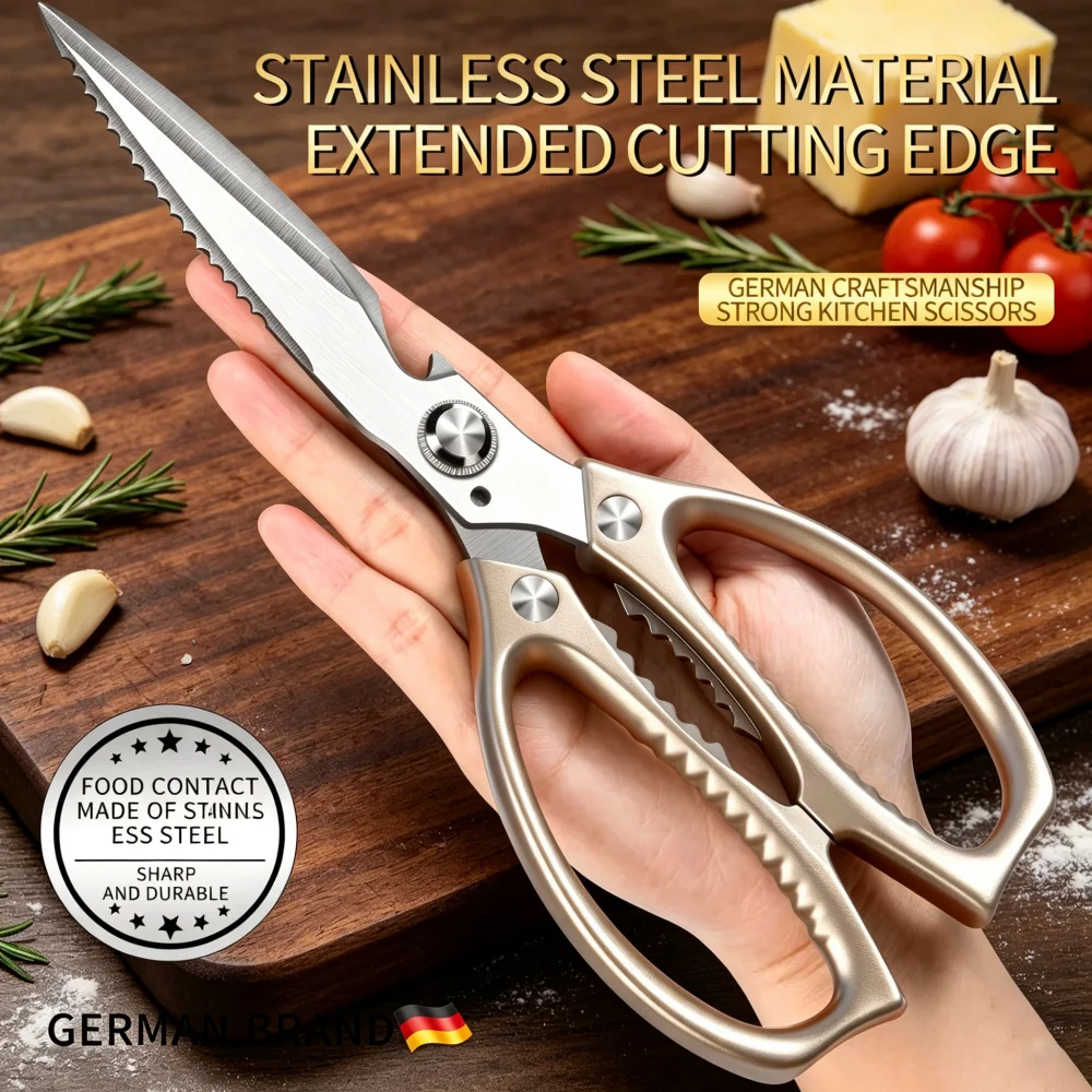 Stainless Steel Food Scissors Heavy Duty Kitchen Scissors MultiPurpose Scissors for Chicken, Meat, Fish Vegetables,Extended Edge