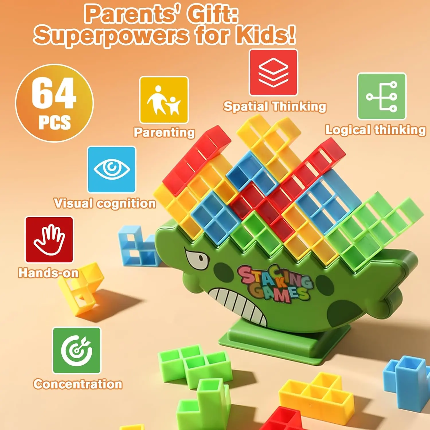 Dinosaur Balance Games for Kids Stacking Blocks, 64 PCS Tower Stack Game - Perfect Family Games for Kids and Adults - Great for