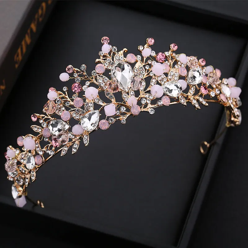 Pink Color Crystal Pearl Crown Bride Tiara Diverse Fashion Wedding Crown Headpiece Queen Hair Accessories Jewelry Headwear