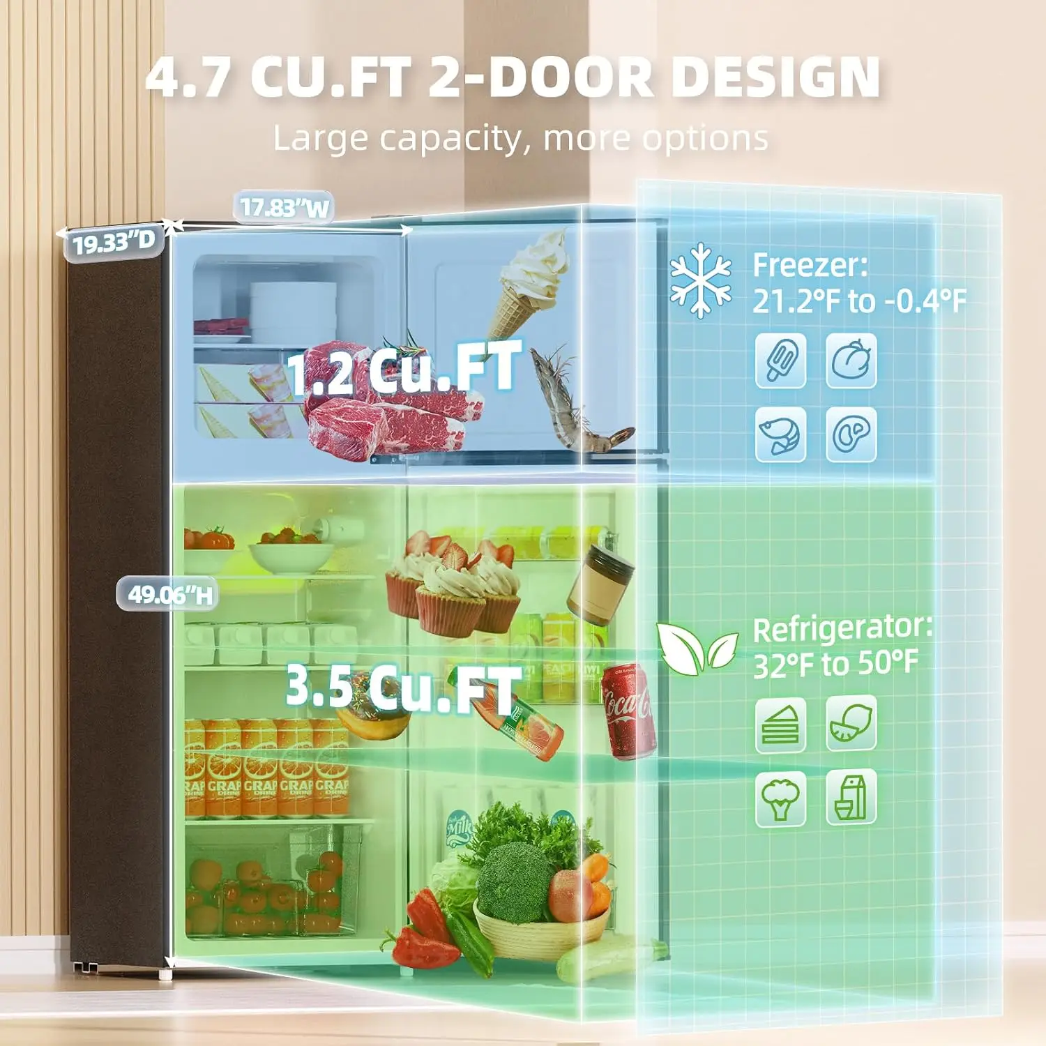 4.7 Cu.Ft Top Freezer Mini Fridge Double Door for Dorm Bedroom Apartment Office, Customized