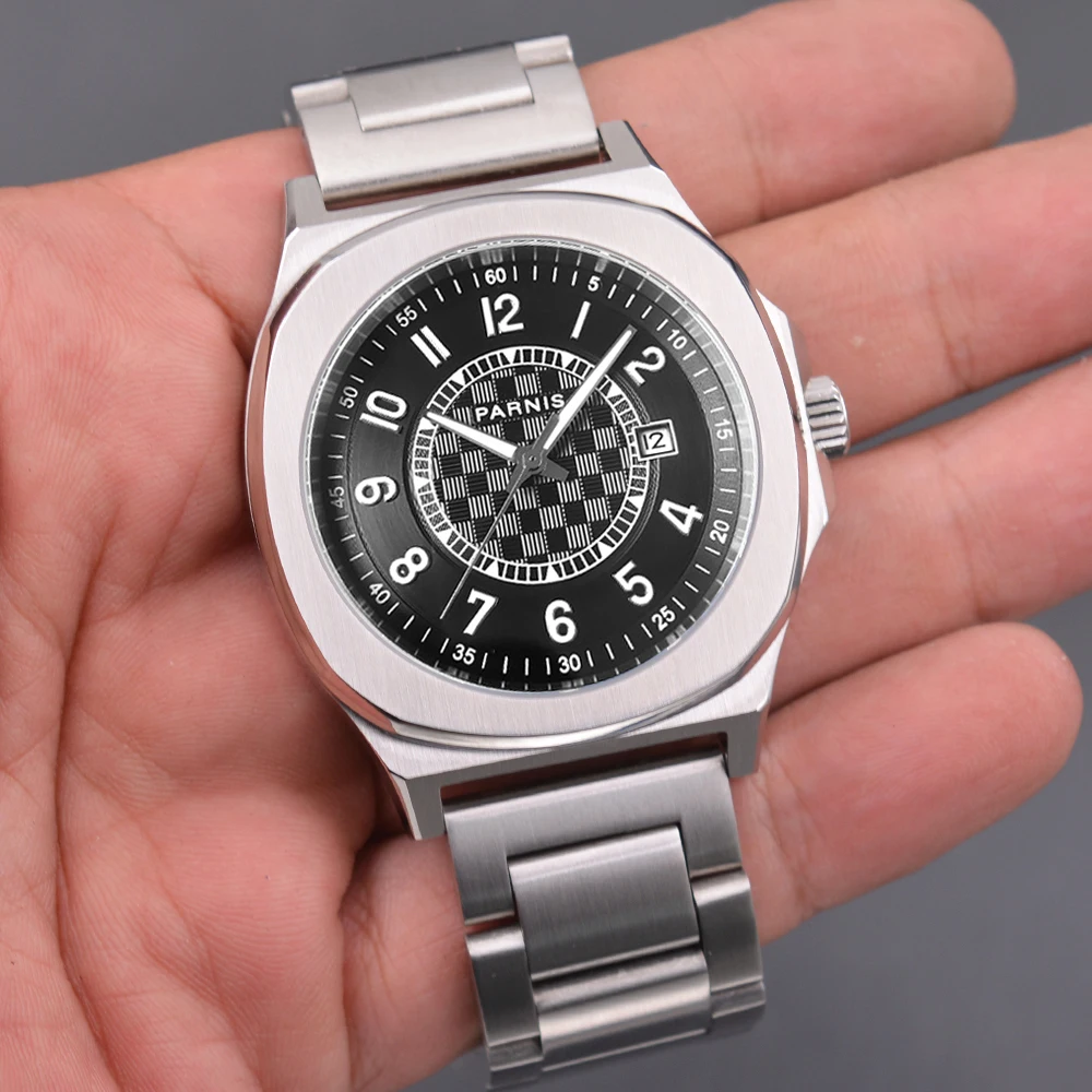 Fashion Parnis 42MM Black Dial Mechanical Automatic Men Watch Sapphire Crystal Calendar Wristwatches For Men reloj hombre Clock