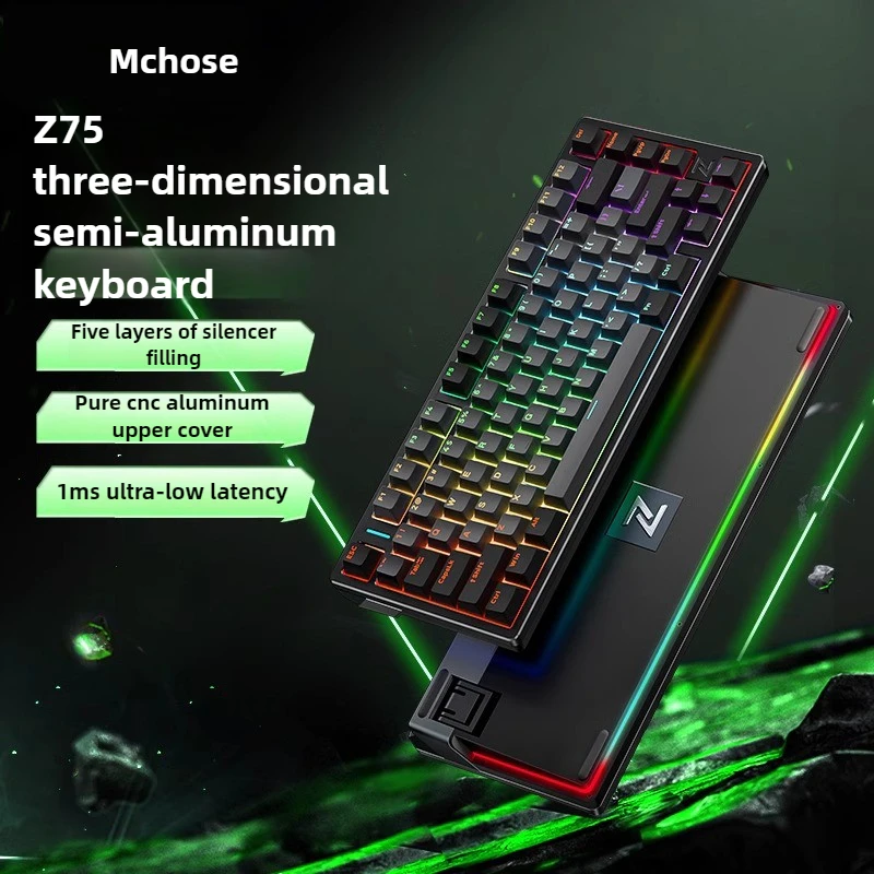 Z7575% Three-mode Game Low-latency Mechanical Keyboard Custom Semi-aluminum Lump Lump Gasket Structure Hot-swappable RGB