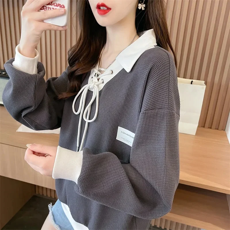 Early Autumn Waffle Sweatershirt Women Spring Autumn Korean Loose Thin Polo Top Fake Two Piece Top Coat Splice Casual Pullover