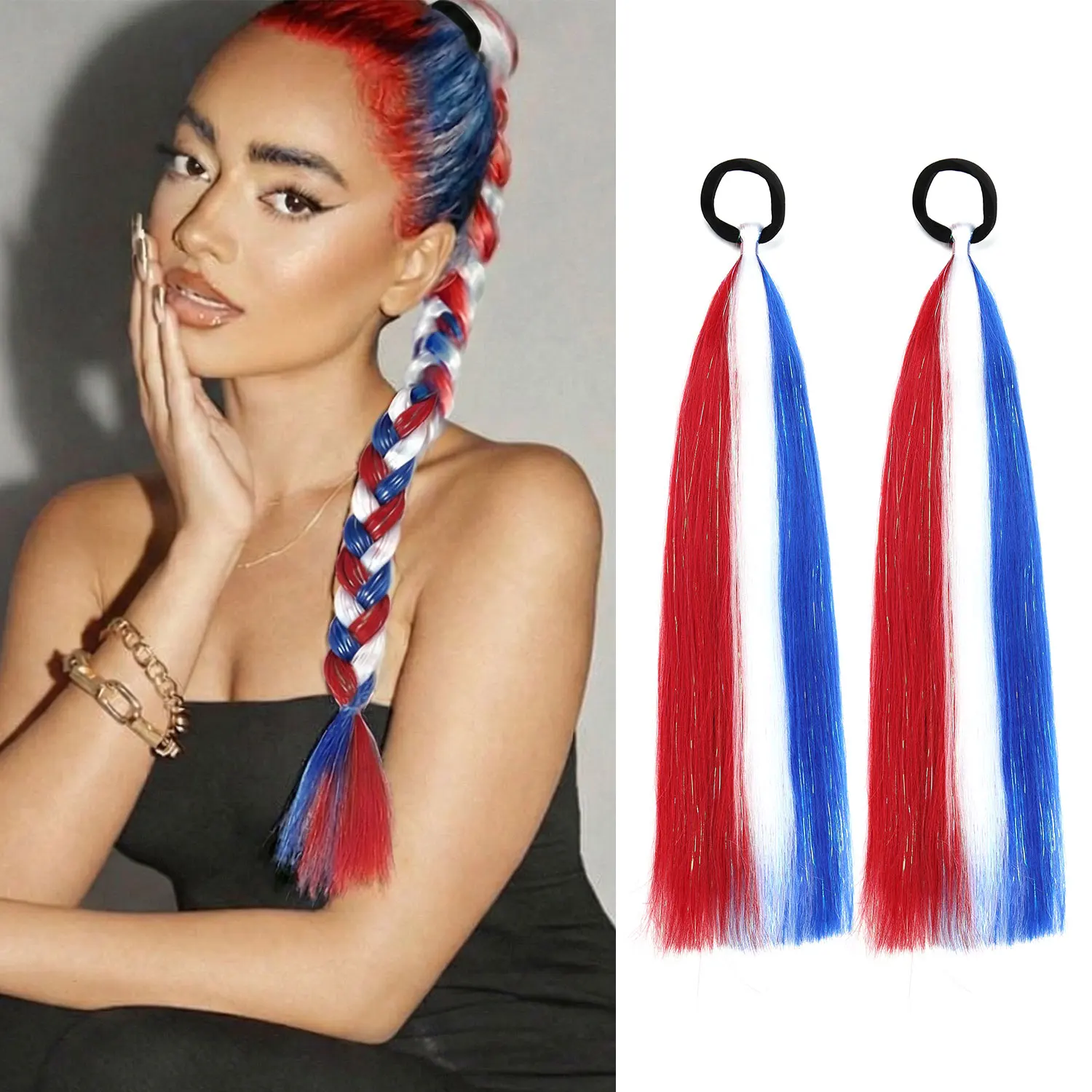 2pcs/set Synthetic Tinsel Ponytail Hair Extensions with hair tie Rave Braids Red/White/Blue for Women Daily Party Holiday Use