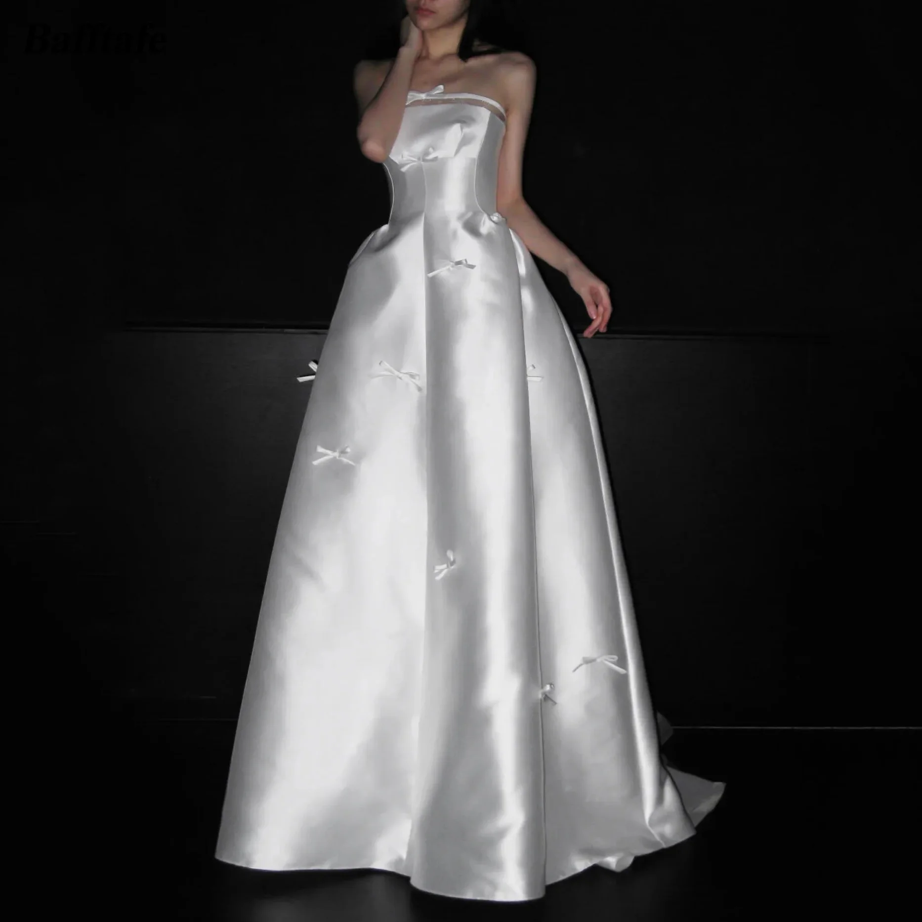 Bafftafe Customized A Line Satin Wedding Dresses Bow Decoration Bridal Gowns Corset Back Formal Party Bride Photography Dress