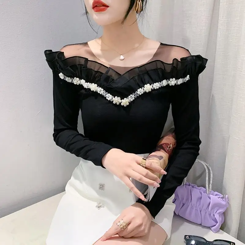 2024 Autumn Women\'s Original Design Sexy Off Shoulder Slash Neck New Slim Long Sleeve Beading Lace Fashion Pullover T-shirt Tops