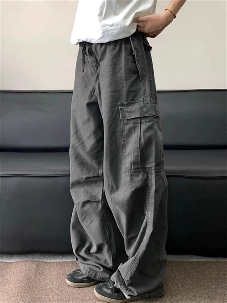 

Retro Waed Pure Cotton Work Trousers Men's Street Dstring American Folded ape Paratrooper Pants Wide Leg Long Trousers