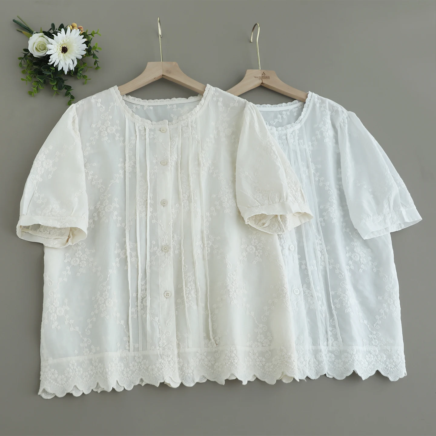 

Japanese Sweet Mori Girl Solid Color Embroidery Cotton Shirts Women Summer Stand Collar Short Sleeve Casual Loose Blouse Tops