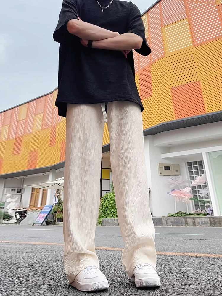 Qui Dry Ice Silk Men's Summer Loose Wide Leg Pants Textured Lazy Drapey Pleated Casual Trousers Breathable Comfortable Fit