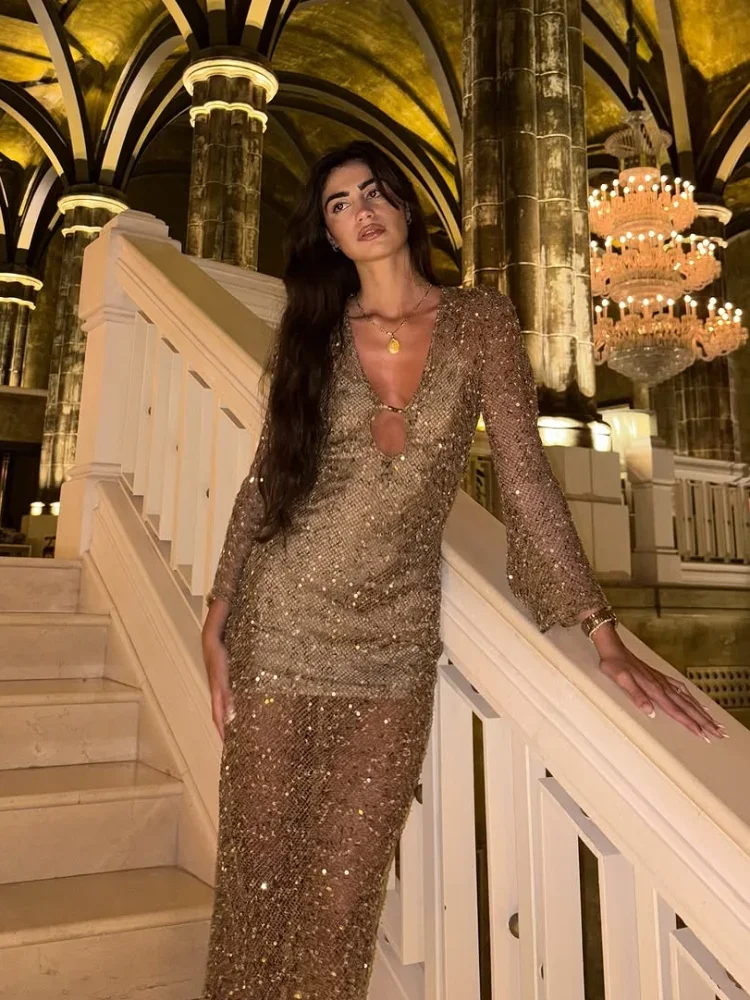 Vestido Midi calado con lentejuelas para mujer, vestido Sexy elegante de manga larga con escote en V profundo, vestidos ajustados transparentes, vestidos de fiesta de noche para mujer 2026