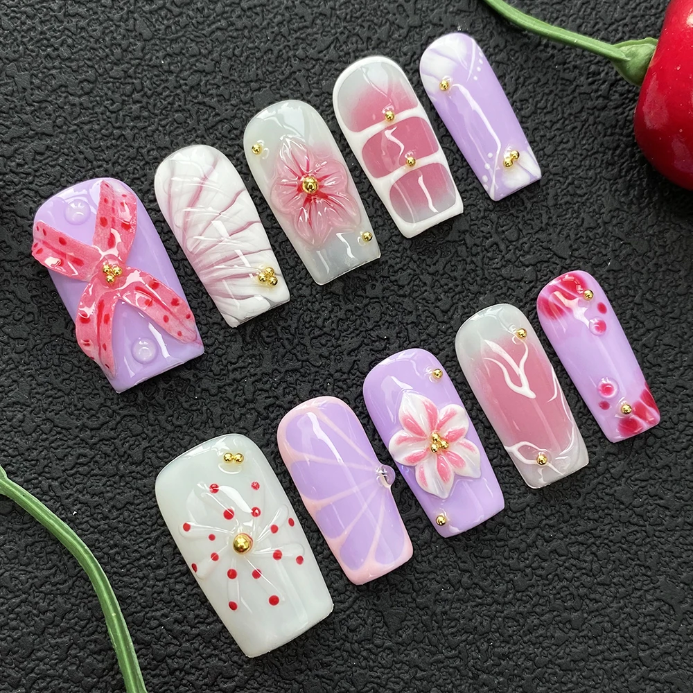 

Искусственные ногти с УФ-гель-лаком, 10 шт., роскошные, изысканные, с декором, в стиле Y2K, квадратные, ручной работы, накладные