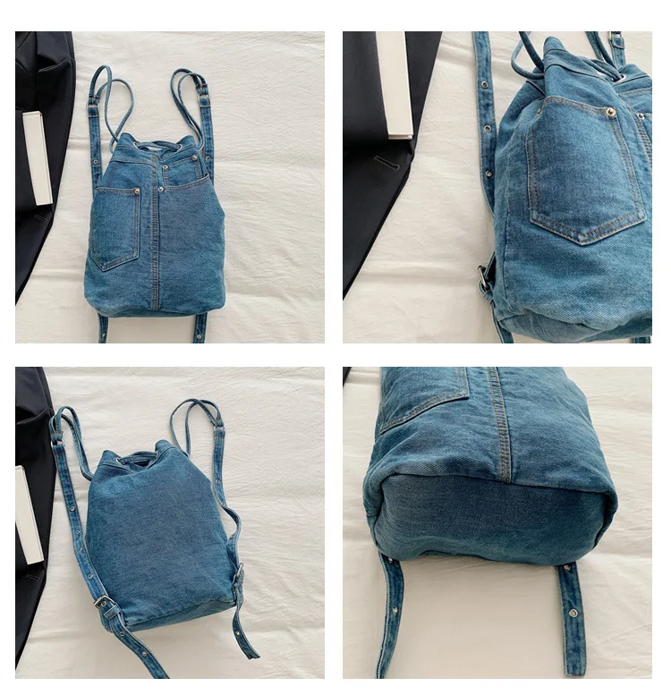 デニム女性のバックパックカジュアルスクールバックパック十代の少女のための高級巾着女性デイパックバッグパック女性ハンドバッグブルー