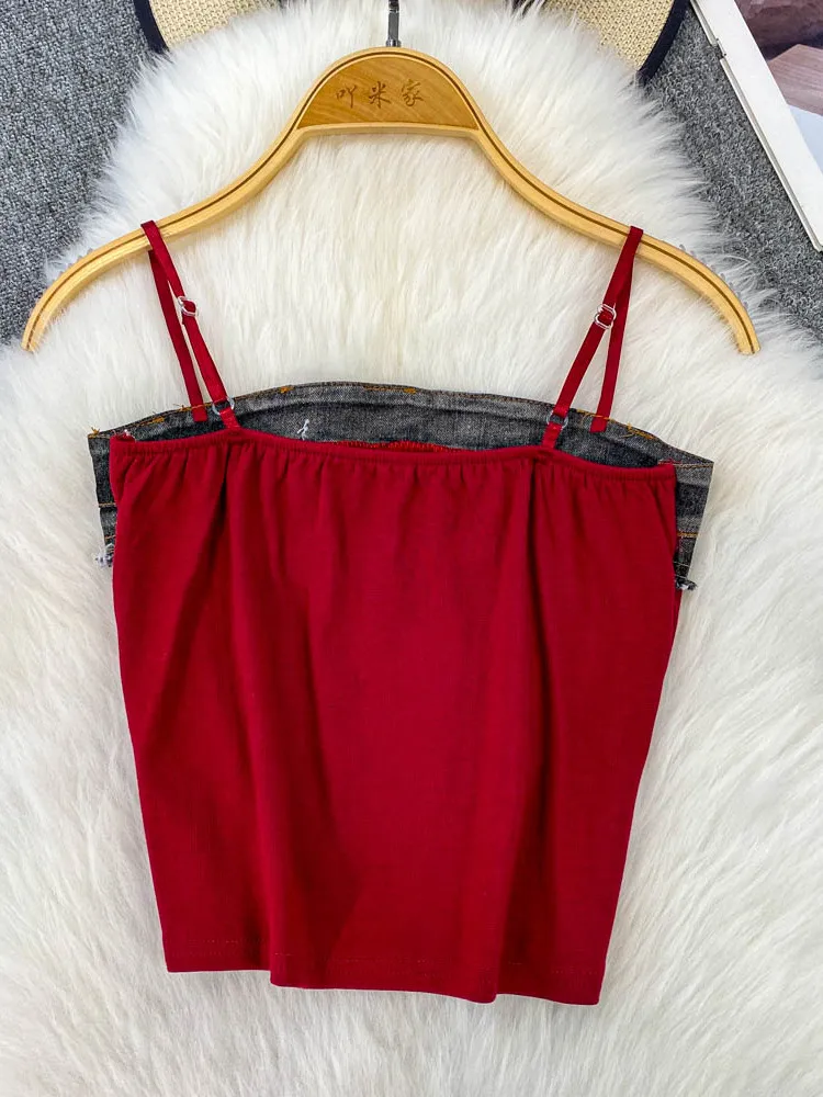 

Американский Sle Spicy Girl Джинсовый лоскутный жилет с принтом на бретелях Женский новый модный уличный жилет для похудения или Top Faion