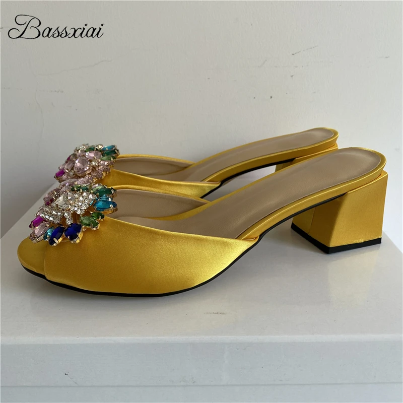 Colorful Rhinestone Buckle Decor Sandals Women Luxury Satin Slingbacks Square Heel Summer Shoes For Girls 2025