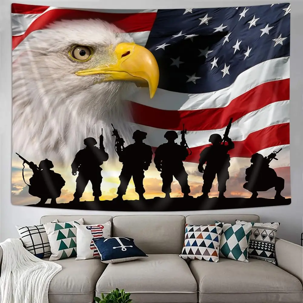 American Flag Military Soldiers Tapestry – Patriotic Eagle & Sunset Wall Hanging for Living Room, Bedroom, Dorm & Man Cave Decor 2