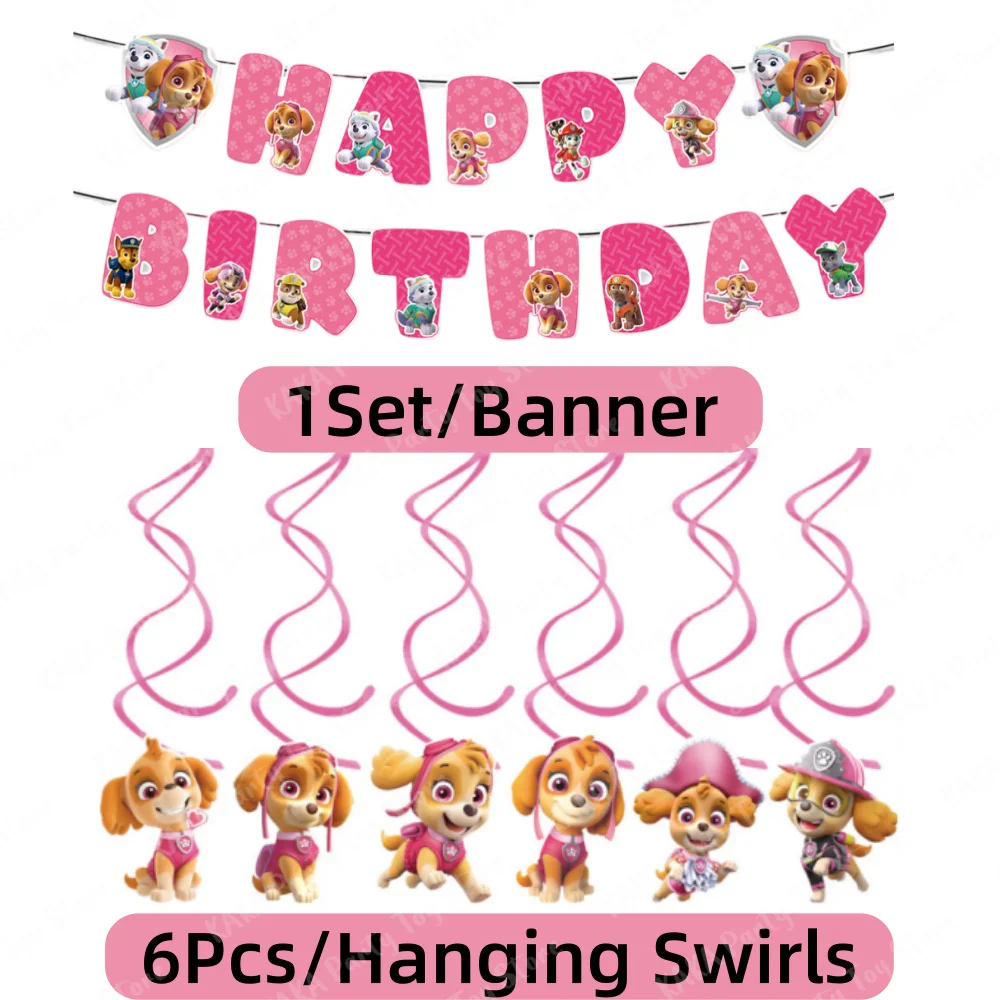 Skye Paw Patrol Birthday Decoration Pink Theme Paper Banner and 6 Hanging Swirls for Kids Girls Baby Shower Party Supplies Set