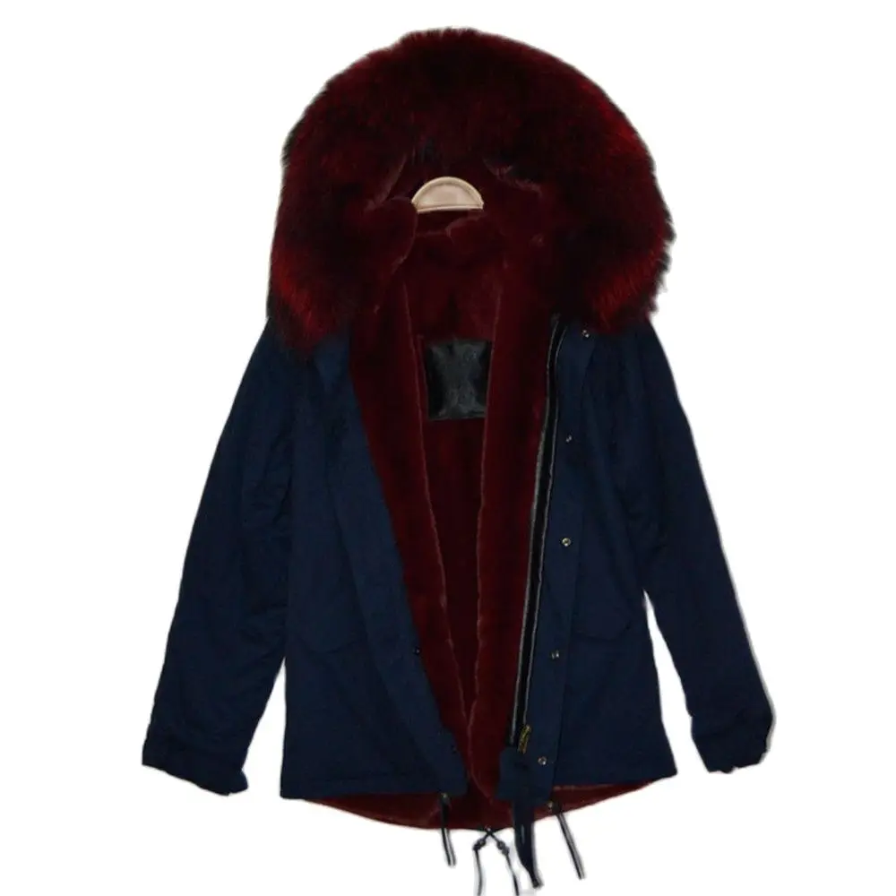 

Navy Short Style Parka Advanced Burgundy Faux Fur Lined Coat Unisex High Quality Outwear